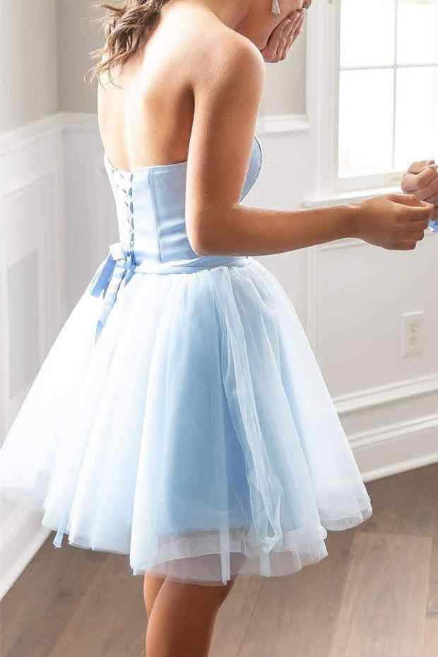 Short Light Blue Strapless A Line Tulle Homecoming Dress