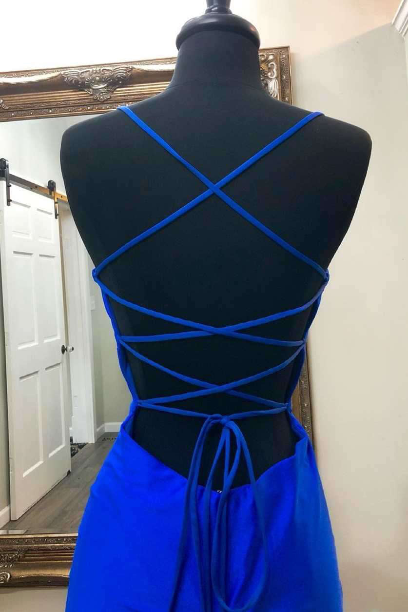 Blue Sexy Spaghetti Straps Satin Short Prom Dresses, Homecoming Dresses