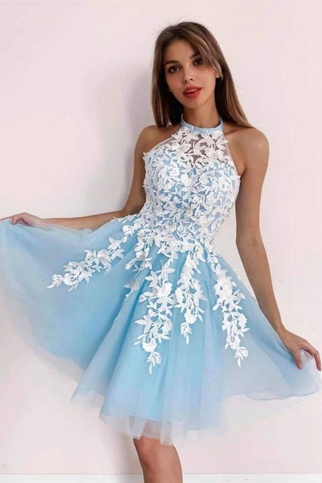 Sky Blue A-line Tulle Short Prom Dresses With Appliques, Homecoming Dresses