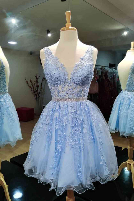 Blue Tulle V-Neck Short Prom Dresses With Appliques, Homecoming Dresses