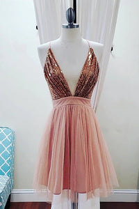 Deep V-neck Spaghetti-Straps Homecoming Dresses With Sequins