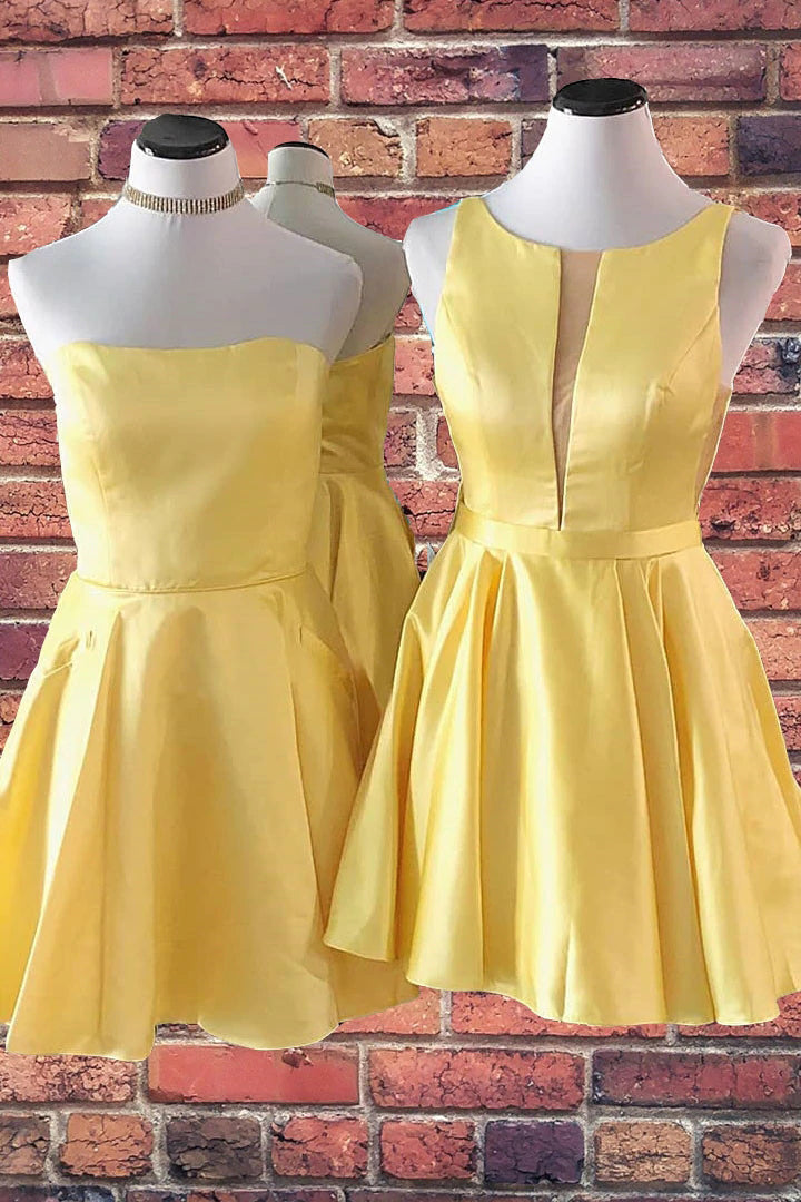 Short A-Line Yellow Sleeveless Satin Homecoming Dress