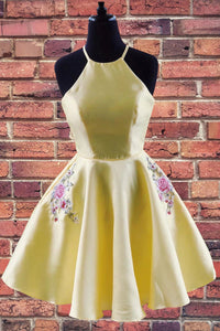 Special Short Halter Embroidered Yellow Satin Homecoming Dress