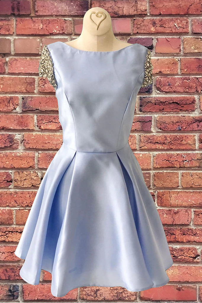 A- Line Blue Round Neck Satin Cap Sleeves Homecoming Dress A- Line Blue Round Neck Satin Cap Sleeves Homecoming Dress