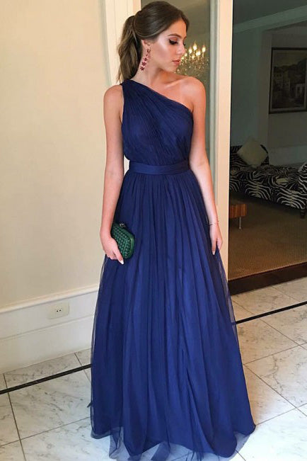 Royal Blue A-Line One Shoulder Long Prom Dress Bridesmaid Dress OP398