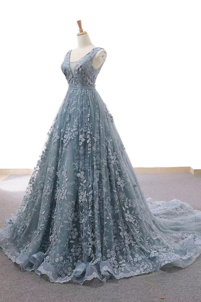 Dusty Blue Tulle Long Prom Dress With Appliques Formal Gown OP653