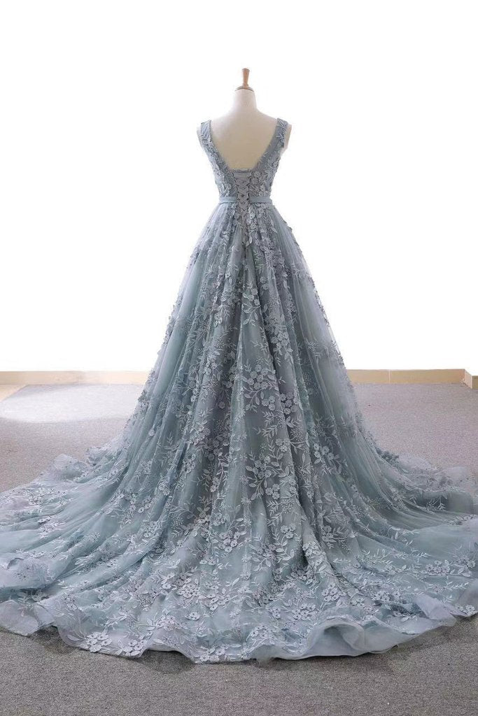 Dusty Blue Tulle Long Prom Dress With Appliques Formal Gown OP653