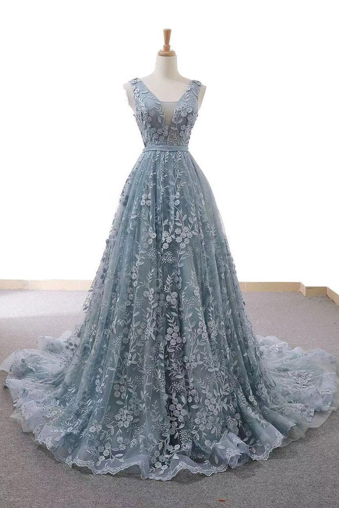 Dusty Blue Tulle Long Prom Dress With Appliques Formal Gown OP653