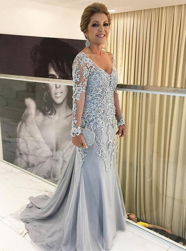 Buy Dusty Silver Lace Appliques Long Sleeves Mermaid Mother of the