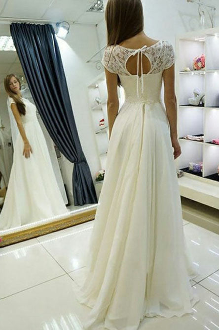 Elegant A-Line Bateau Chiffon Cap Sleeves Lace Wedding Dress OW356