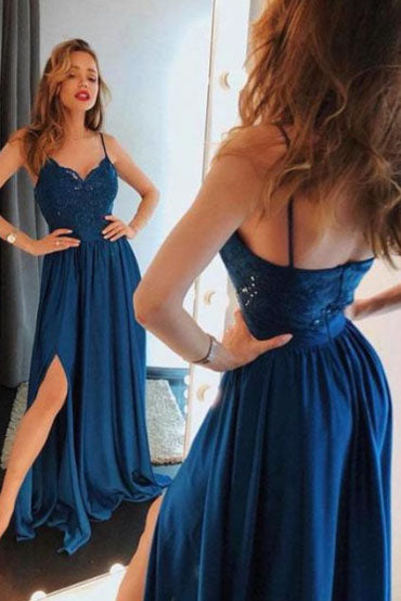Elegant A-line Spaghetti-straps Satin Long Blue Prom Dress With Split OP352