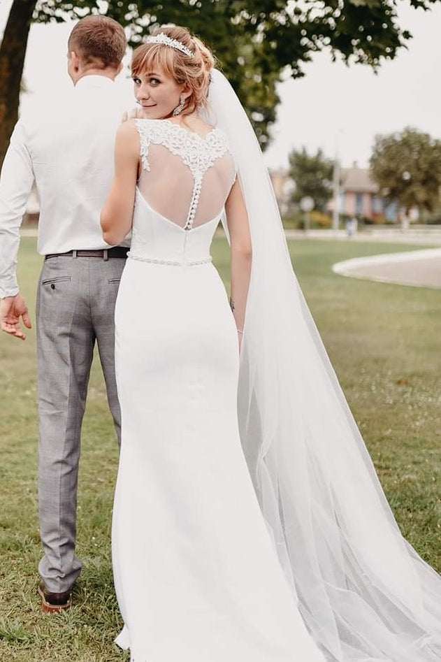 Elegant White Sheath Wedding Dress See-through Back Waist Beading OW361