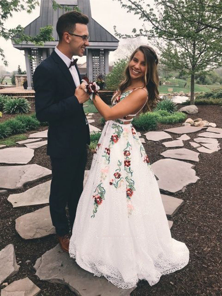 A Line V Neck Backless Straps Lace Long Prom Dress With Embroidery A Line V Neck Backless Straps Lace Long Prom Dress With Embroidery
