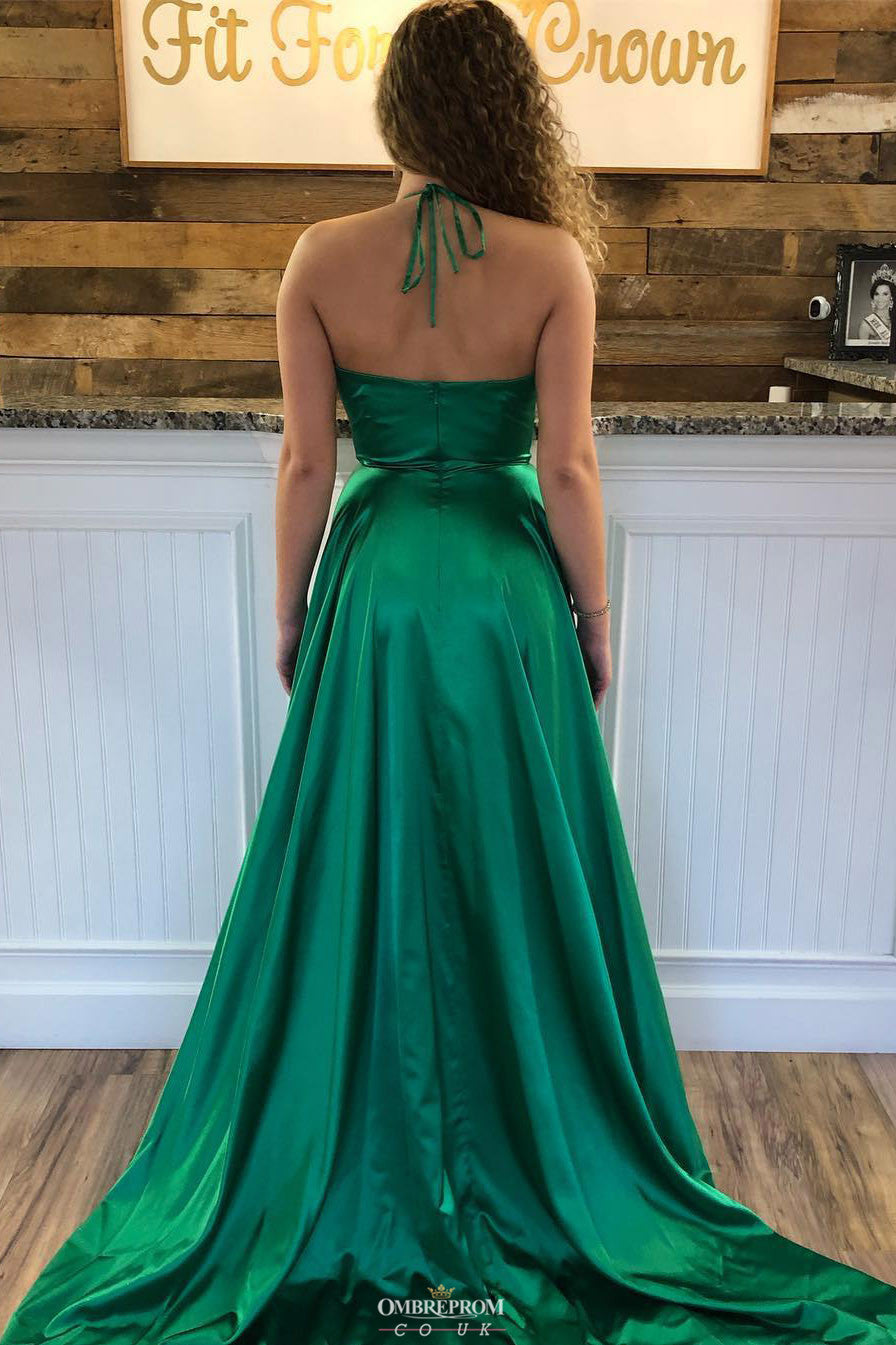 Green Halter Long Prom Dress V-Neck Split Evening Gown OP549