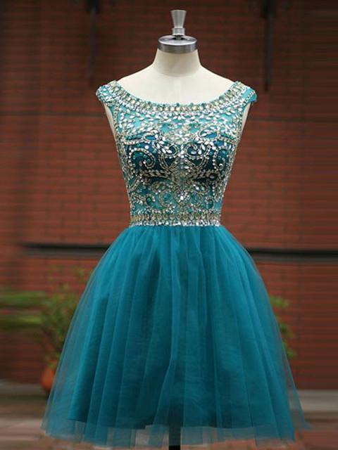 Chic V-Back Tulle Beading Homecoming Dress With Rhinestones OM102
