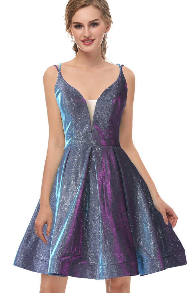 Short A-Line V-Neck Glitter Homecoming Dress