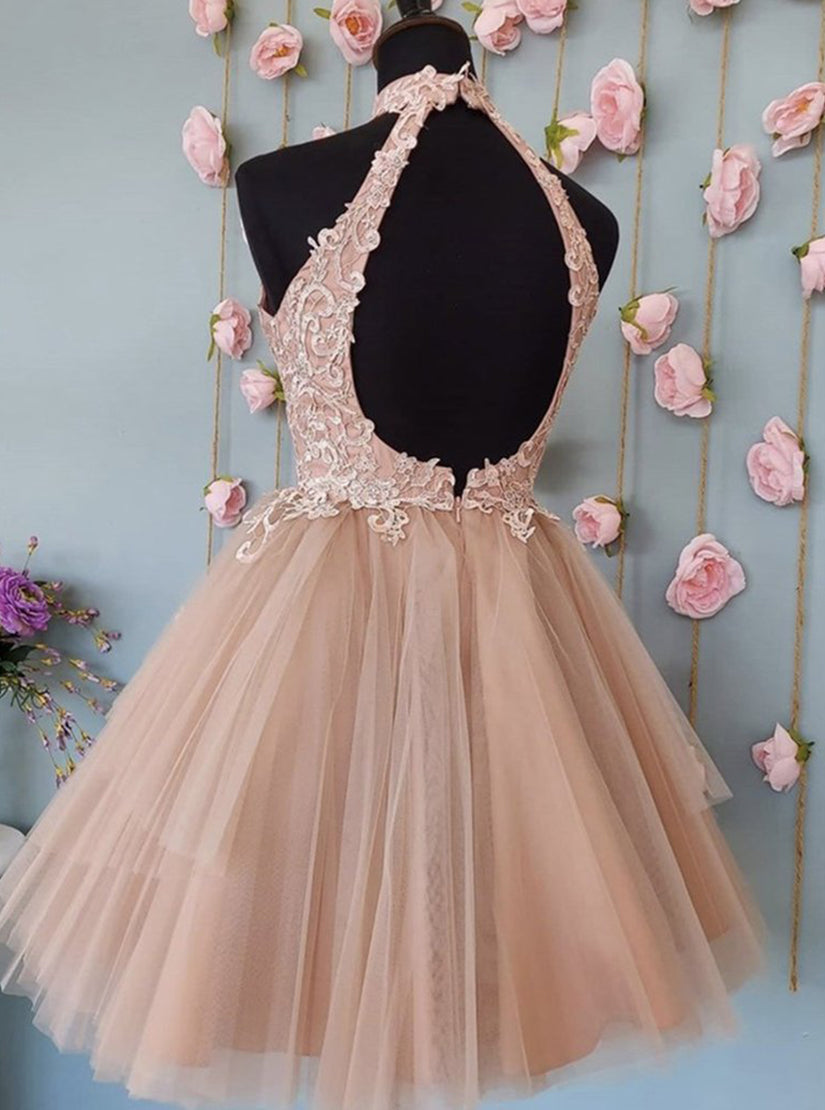 Champagne Tulle Lace Short Homecoming Dress