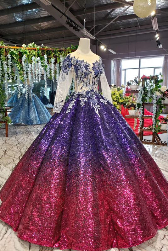 Sparkly Long Sleeve Ball Gown Sequins Ombre Quinceanera Dresses With A