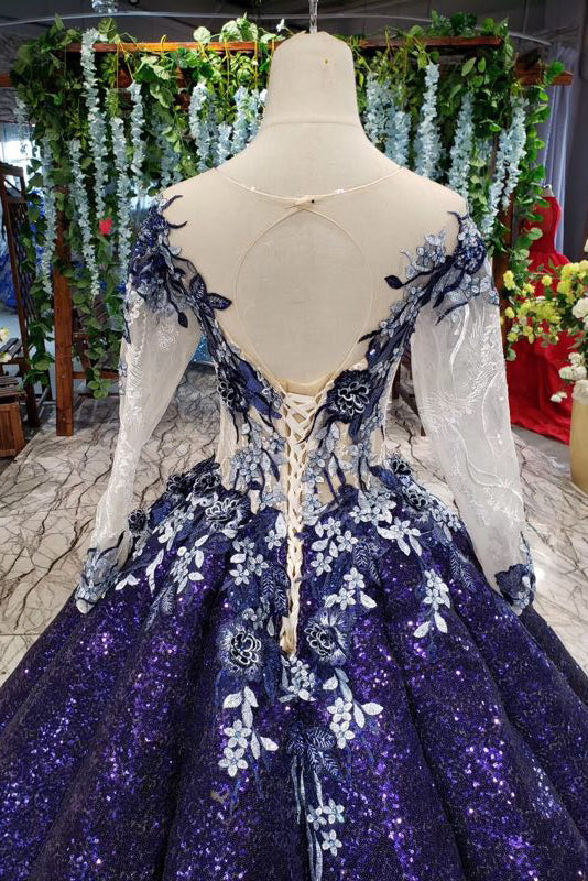 Sparkly Long Sleeve Ball Gown Sequins Ombre Quinceanera Dresses With Appliques PO054
