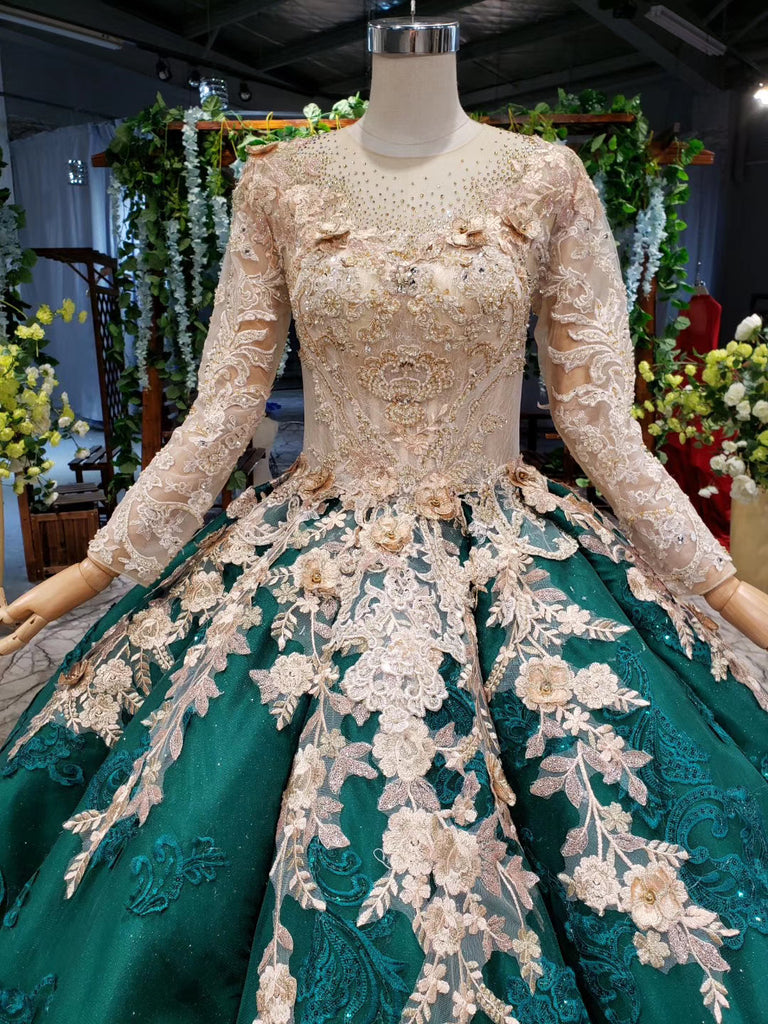 Long Sleeve Ball Gown Wedding Dress Appliques Beading Quinceanera Dresses PO075
