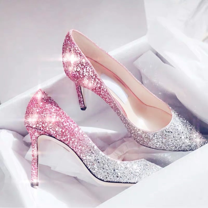 Ombre Rhinestone High Heels Closed Toe Patent Leather OS136