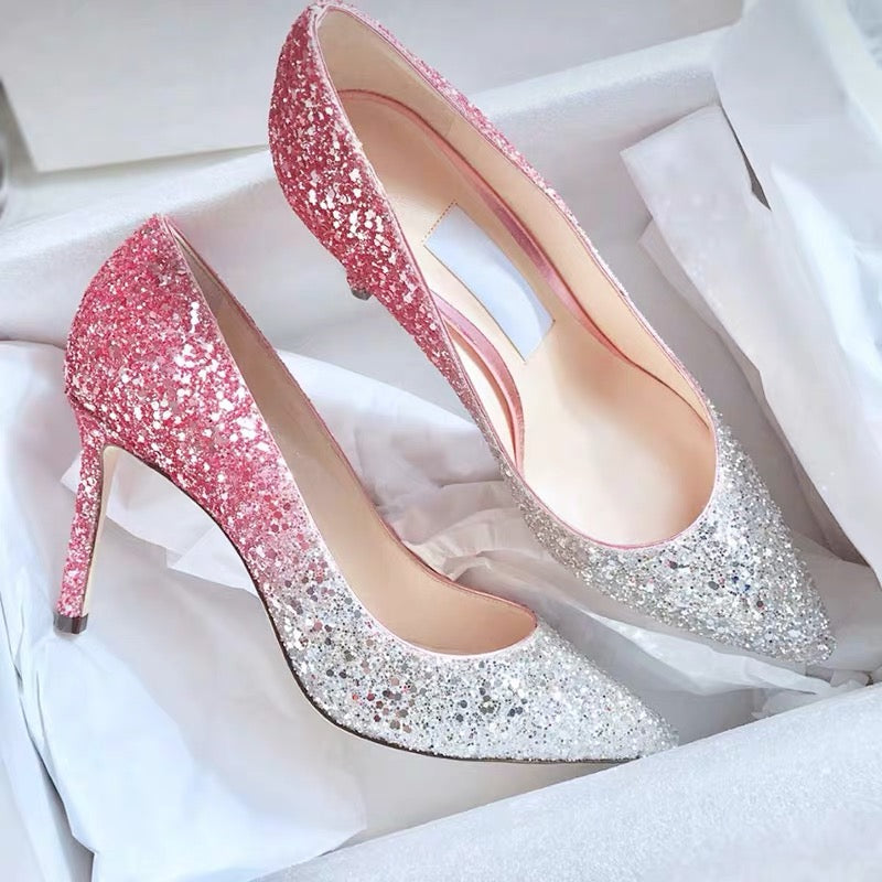 Ombre Rhinestone High Heels Closed Toe Patent Leather OS136