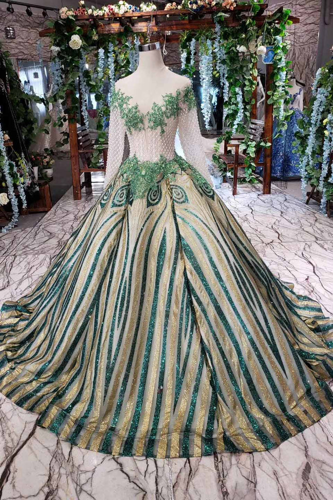 Luxurious Sequins Beaded Long Sleeves Ball Gown Quinceanera Gown OP719