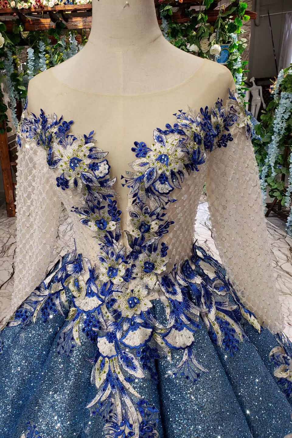 Glitter Beaded Appliques Long Sleeves Blue Ball Gown Quinceanera Gown OP720