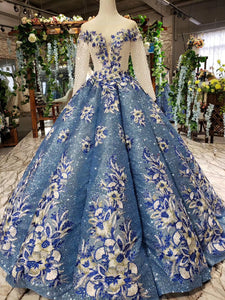 Glitter Beaded Appliques Long Sleeves Blue Ball Gown Quinceanera Gown OP720