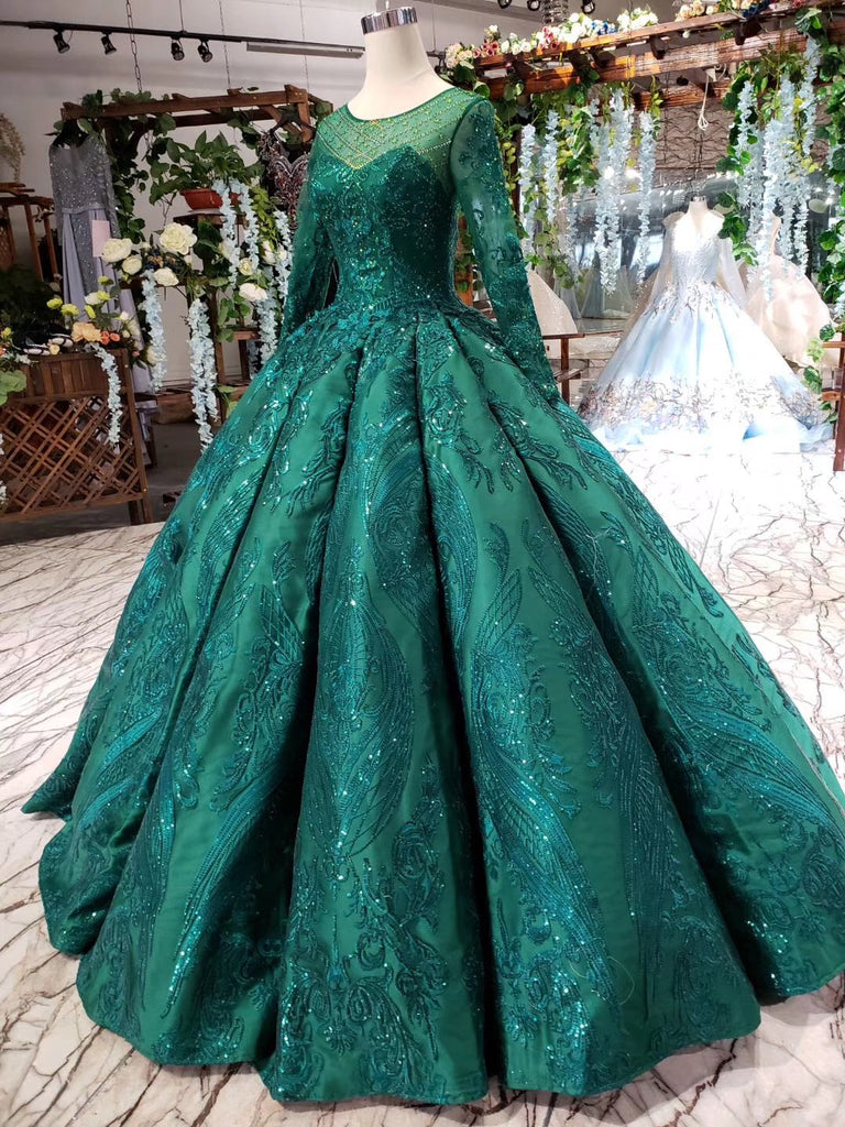 Princess Green Quinceanera Gown Beaded Appliques Long Sleeves Ball Gown OP721