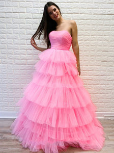 Pink Tulle Sweet 16 Dresses Princess Strapless Long Formal Prom Dresses PO151