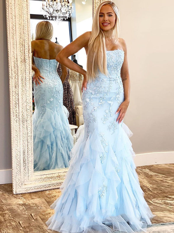 Sky Blue Mermaid Prom Dresses With Appliques Strapless Formal Evening