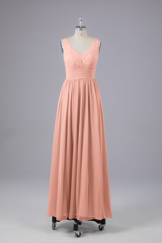 Vintage A-line V-neck Sleeveless Long Bridesmaid Dresses
