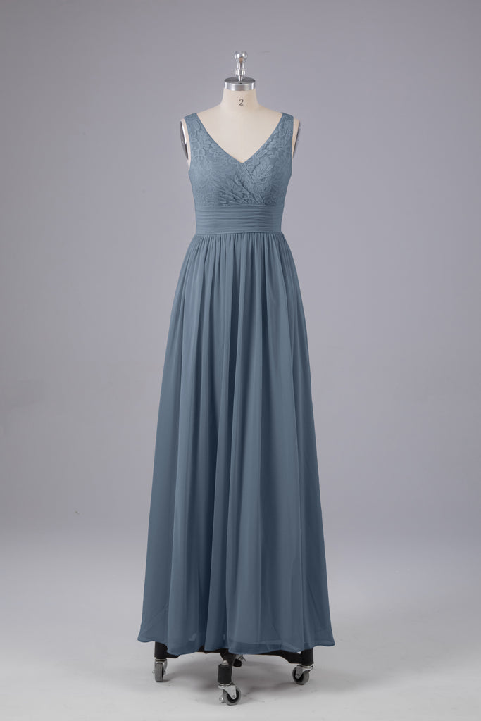 Vintage A-line V-neck Sleeveless Long Bridesmaid Dresses