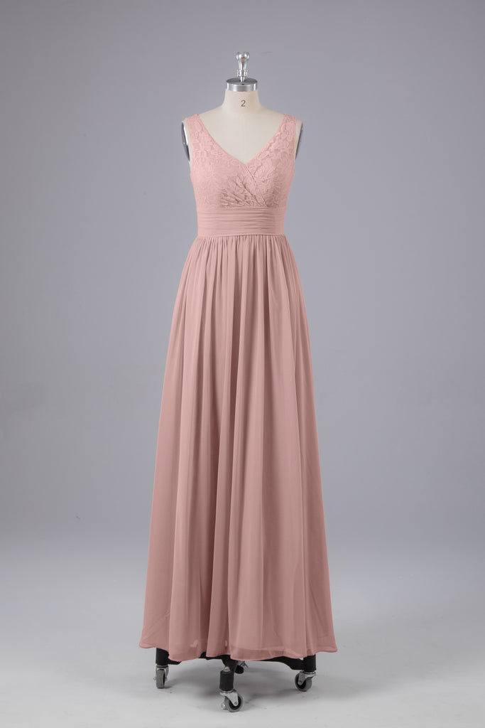 Vintage A-line V-neck Sleeveless Long Bridesmaid Dresses