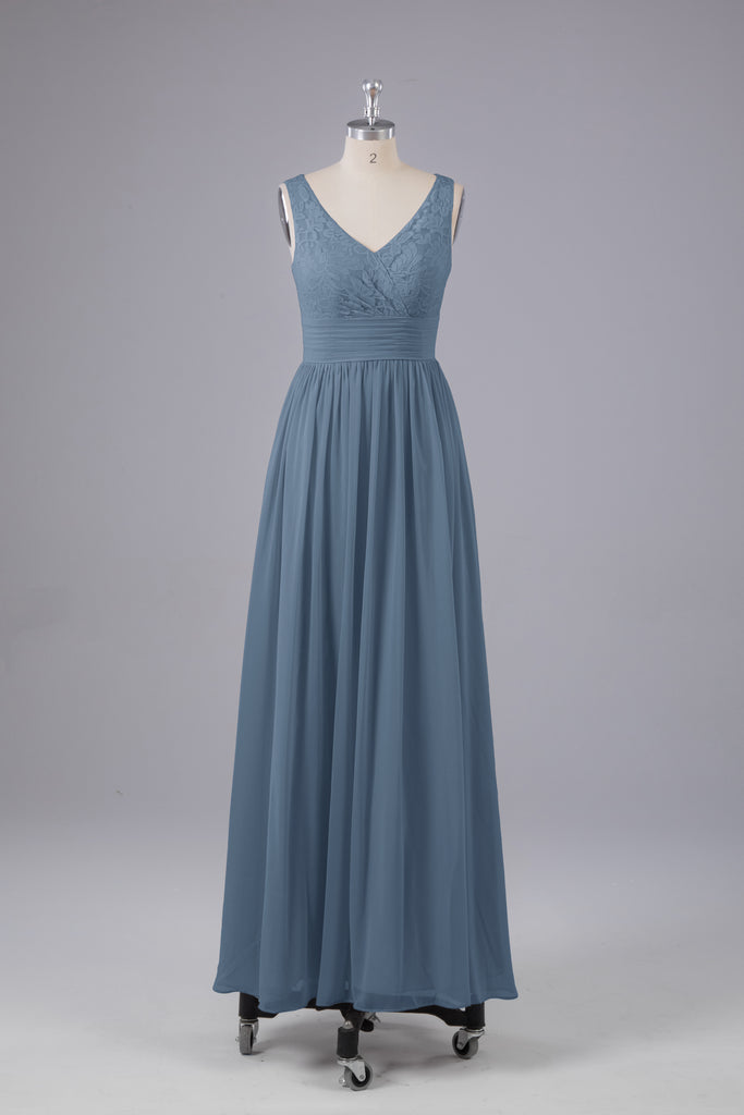 Vintage A-line V-neck Sleeveless Long Bridesmaid Dresses