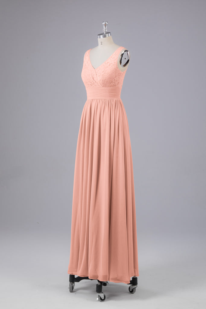 Vintage A-line V-neck Sleeveless Long Bridesmaid Dresses