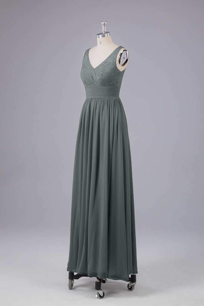Vintage A-line V-neck Sleeveless Long Bridesmaid Dresses