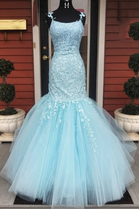 Princess Spaghetti Straps Appliqued Mermaid Prom Dresses Ruffle Formal Dress PO314
