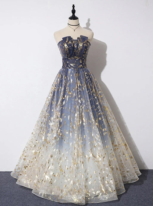 Strapless Blue Floral Print Tulle Long A Line Prom Dress, Graduation Dress N2553