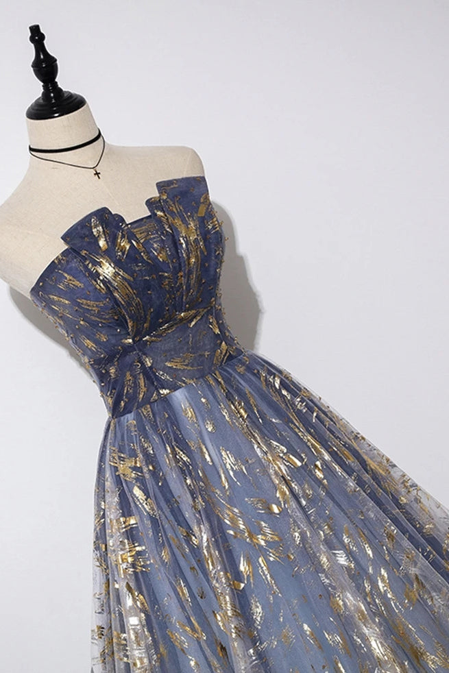 Strapless Blue Floral Print Tulle Long A Line Prom Dress, Graduation Dress N2553