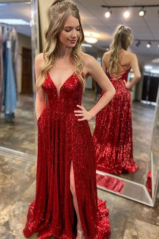 Sparkly Red Sequins Long Prom Dress V Neck Backless Evening Gown with Split PO345