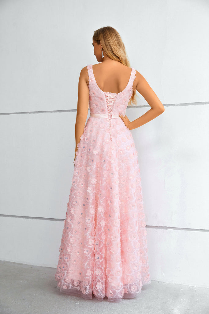 Pink Square Straps Long Prom Dress With Split