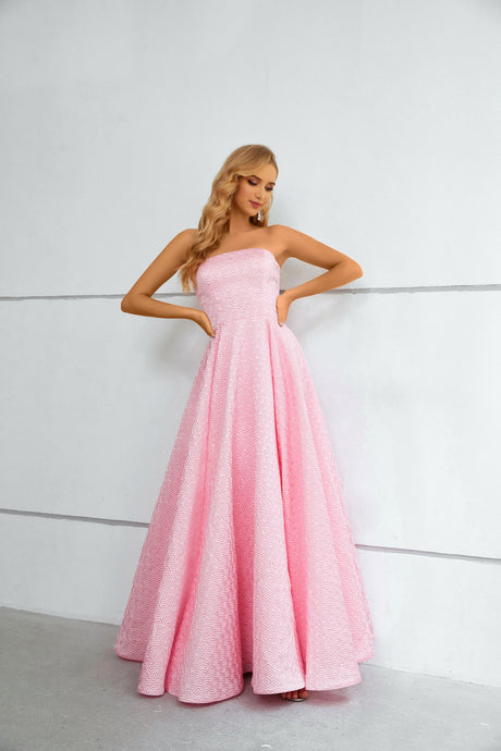 Pink Strapless Sleeveless Long Prom Dress With Pleats