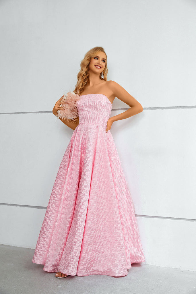 Pink Strapless Sleeveless Long Prom Dress With Pleats