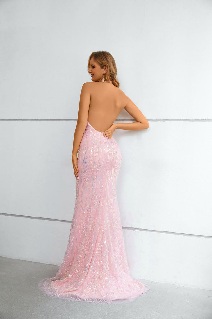 Pink Mermaid Halter Sleeveless Lace Long Prom Dress