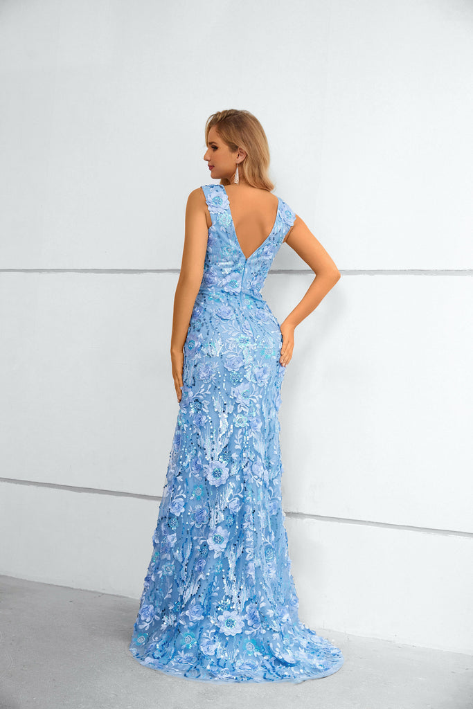 Blue V-Neck Straps Sleeveless Lace Long Prom Dress