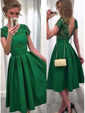 A-Line Scoop Cap Sleeve Satin Green Cocktail Party Dress With V-Back OP205