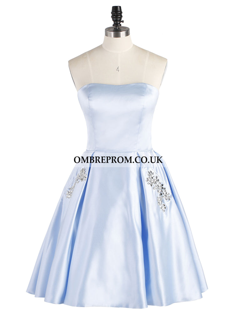Strapless A-line Knee Length Satin Homecoming Dress With Pockets OP163