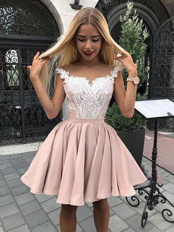Short Dress To Prom Cute Lace Bodice Straps Satin Short Prom